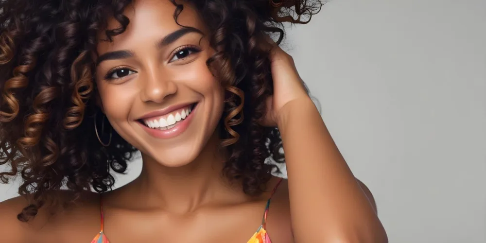 A Young Black Woman With Medium Brown Skin And Curly Hair Smiling While Touching Her Hair She Has A Bright Smile And Is Wearing A Colorful Dress The Background Is A Soft Gray 56 2f24