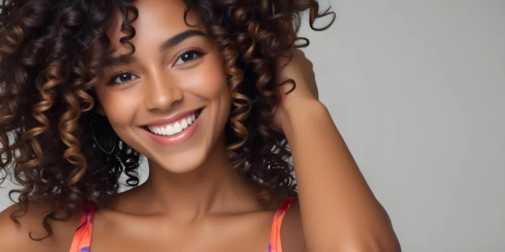 A Young Black Woman With Medium Brown Skin And Curly Hair Smiling While Touching Her Hair She Has A Bright Smile And Is Wearing A Colorful Dress The Background Is A Soft Gray 65 Ac90