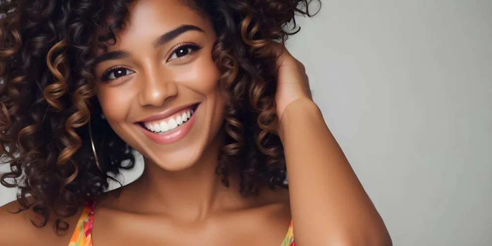A Young Black Woman With Medium Brown Skin And Curly Hair Smiling While Touching Her Hair She Has A Bright Smile And Is Wearing A Colorful Dress The Background Is A Soft Gray 68 8019