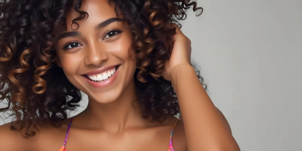 A Young Black Woman With Medium Brown Skin And Curly Hair Smiling While Touching Her Hair She Has A Bright Smile And Is Wearing A Colorful Dress The Background Is A Soft Gray 69 75c1