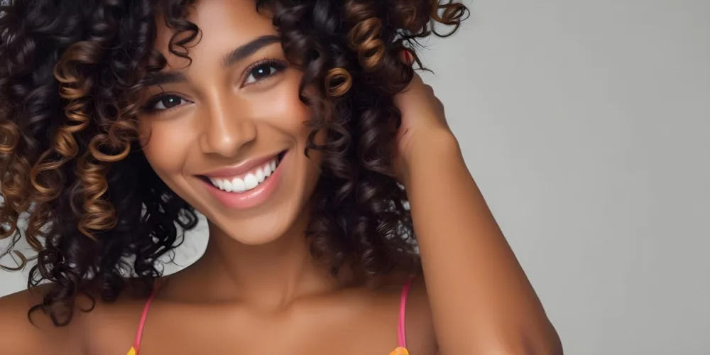 A Young Black Woman With Medium Brown Skin And Curly Hair Smiling While Touching Her Hair She Has A Bright Smile And Is Wearing A Colorful Dress The Background Is A Soft Gray 72 92dc