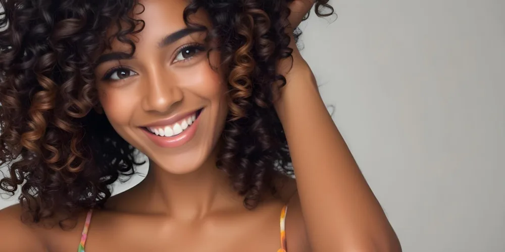 A Young Black Woman With Medium Brown Skin And Curly Hair Smiling While Touching Her Hair She Has A Bright Smile And Is Wearing A Colorful Dress The Background Is A Soft Gray 74 1833