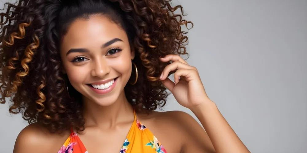 A Young Black Woman With Medium Brown Skin And Curly Hair Smiling While Touching Her Hair She Has A Bright Smile And Is Wearing A Colorful Dress The Background Is A Soft Gray 76 77ad