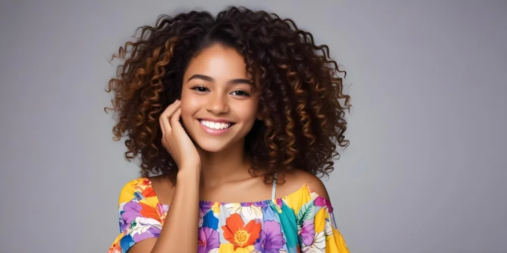 A Young Black Woman With Medium Brown Skin And Curly Hair Smiling While Touching Her Hair She Has A Bright Smile And Is Wearing A Colorful Dress The Background Is A Soft Gray 77 8a83