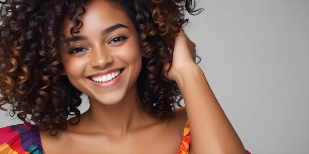 A Young Black Woman With Medium Brown Skin And Curly Hair Smiling While Touching Her Hair She Has A Bright Smile And Is Wearing A Colorful Dress The Background Is A Soft Gray 79 Db9e