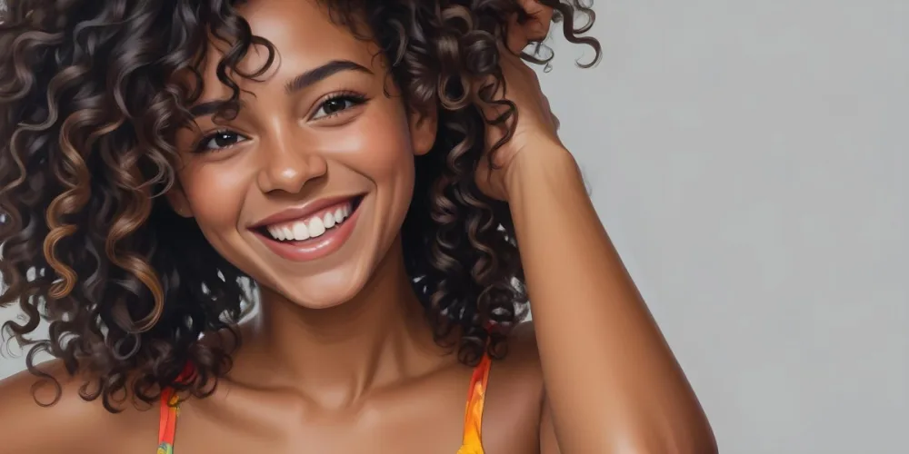 A Young Black Woman With Medium Brown Skin And Curly Hair Smiling While Touching Her Hair She Has A Bright Smile And Is Wearing A Colorful Dress The Background Is A Soft Gray 8 0bfa