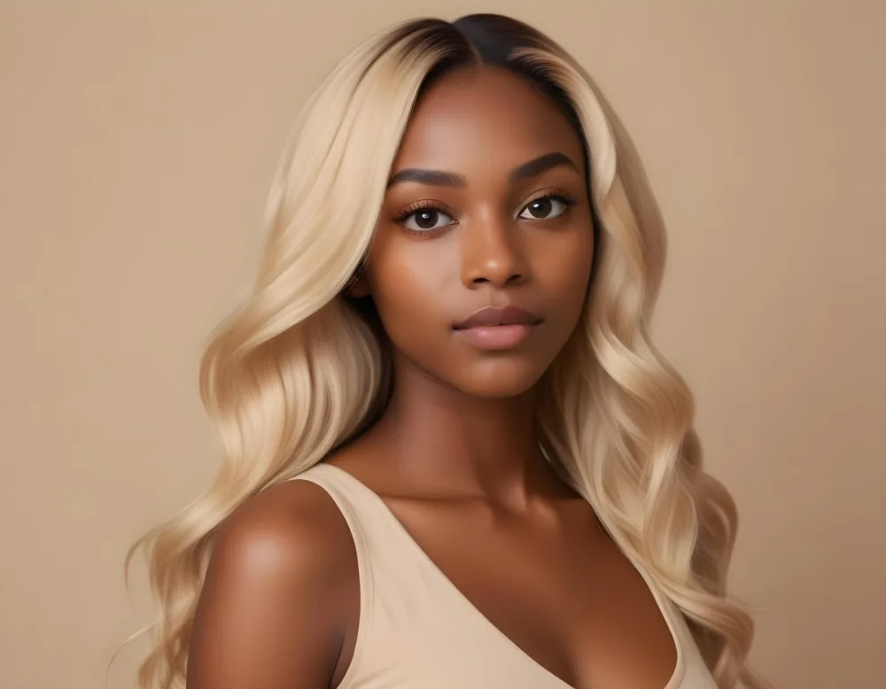 A Young Black Woman With Medium Brown Skin And Long Wavy Blonde Hair She Has A Neutral Expression And Is Wearing A Light Beige Top The Background Is A Soft Warm Beige Color 18 3910