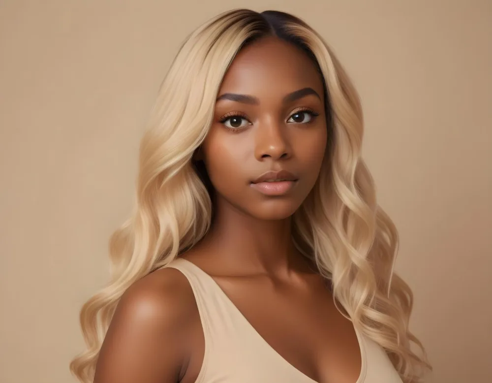 A Young Black Woman With Medium Brown Skin And Long Wavy Blonde Hair She Has A Neutral Expression And Is Wearing A Light Beige Top The Background Is A Soft Warm Beige Color 19 3e76