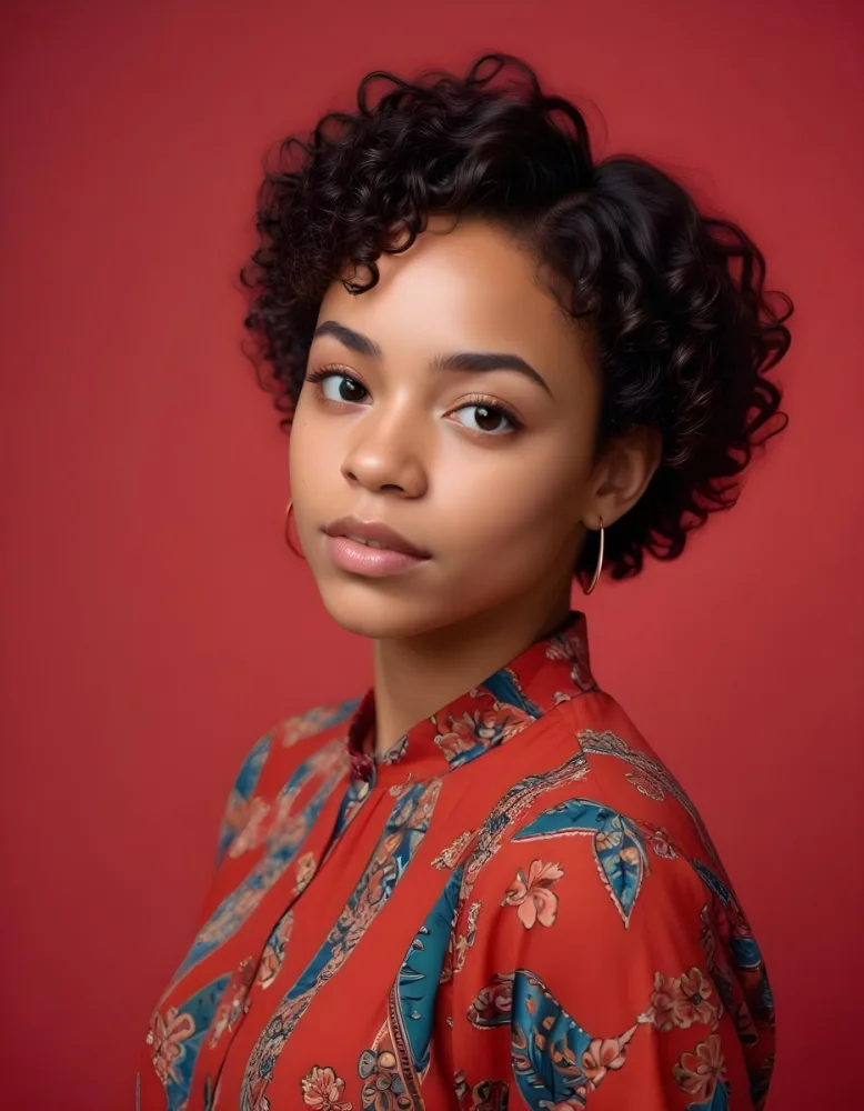 A Young Black Woman With Short Curly Hair Wearing A Patterned Top Against A Red Background 12 E09c