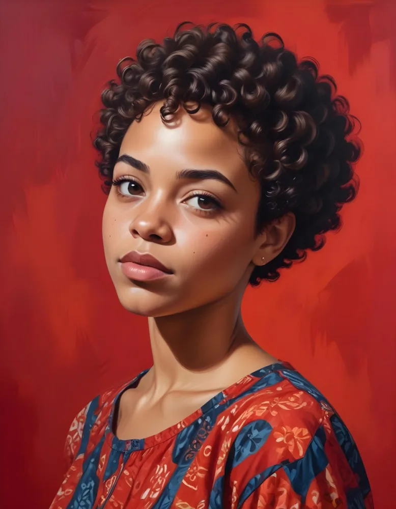 A Young Black Woman With Short Curly Hair Wearing A Patterned Top Against A Red Background 19 230b