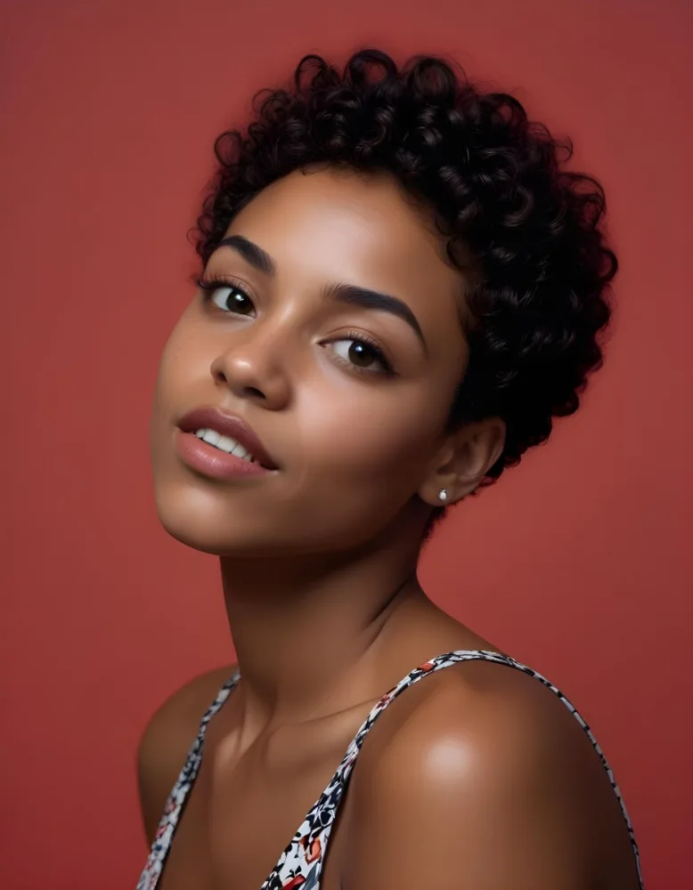 A Young Black Woman With Short Curly Hair Wearing A Patterned Top Against A Red Background 44 C25e