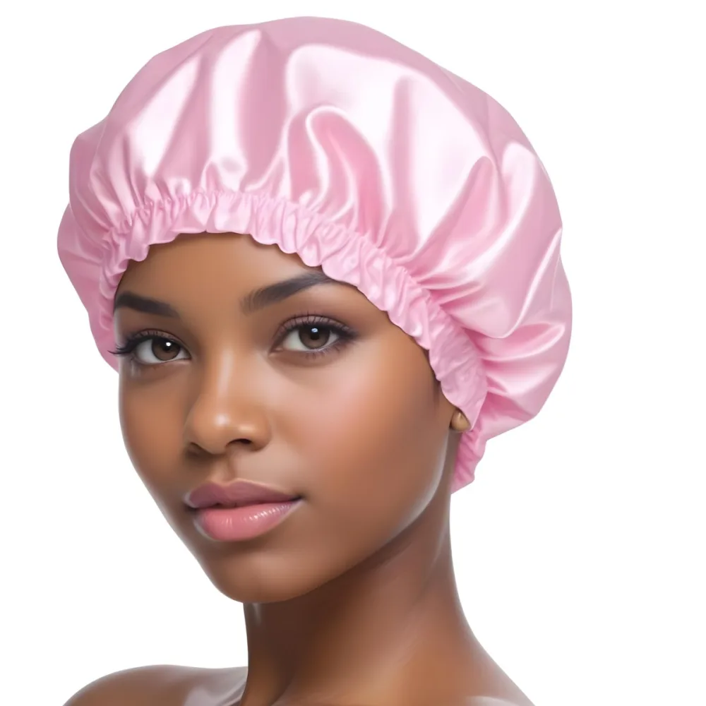 A Young Black Woman With Short Dark Hair Wearing A Pink Satin Shower Cap 4 Fcdb