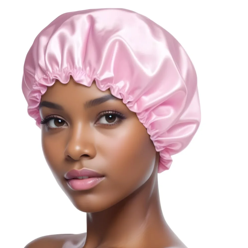 A Young Black Woman With Short Dark Hair Wearing A Pink Satin Shower Cap 8