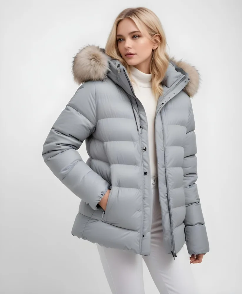 A Young Blonde Woman Wearing A Gray Puffer Jacket With A Large Fur Trimmed Hood Standing Against A White Background 21 24ed