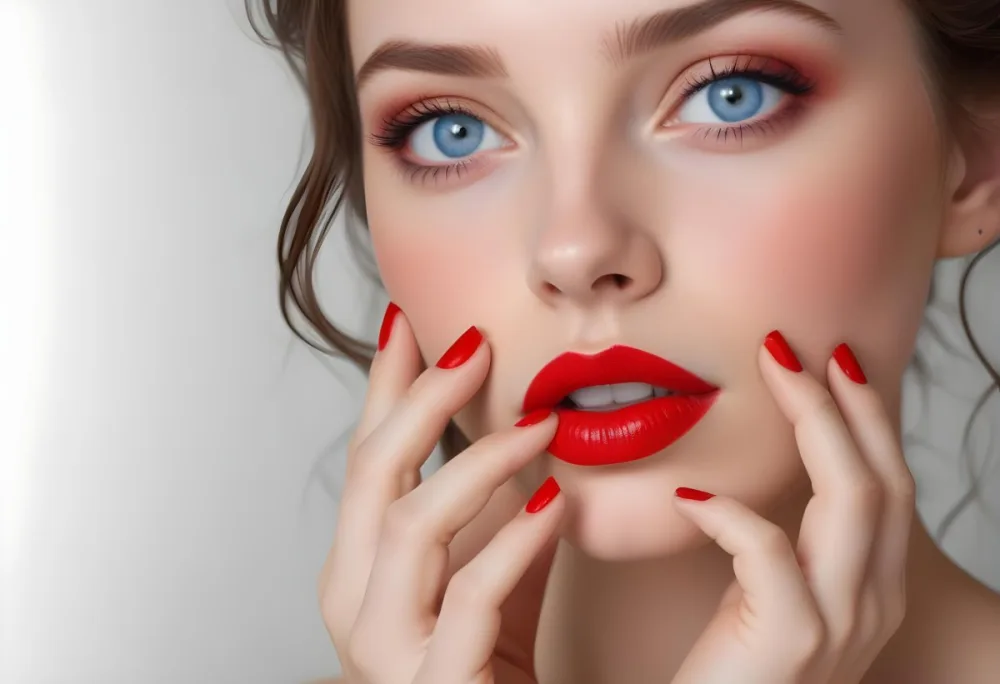 A Young Caucasian Woman Approximately 20 Years Old With Long Wavy Brown Hair She Has Striking Blue Eyes Full Red Lips And Is Wearing Bold Red Nail Polish The Background Is A Soft Neutral Color That Enhances He 14 Dd0e