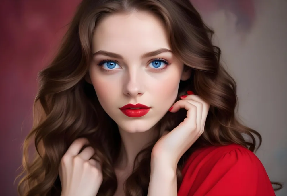 A Young Caucasian Woman Approximately 20 Years Old With Long Wavy Brown Hair She Has Striking Blue Eyes Full Red Lips And Is Wearing Bold Red Nail Polish The Background Is A Soft Neutral Color That Enhances He 15 3f90