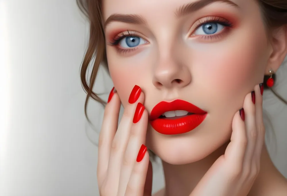 A Young Caucasian Woman Approximately 20 Years Old With Long Wavy Brown Hair She Has Striking Blue Eyes Full Red Lips And Is Wearing Bold Red Nail Polish The Background Is A Soft Neutral Color That Enhances He 7 2360