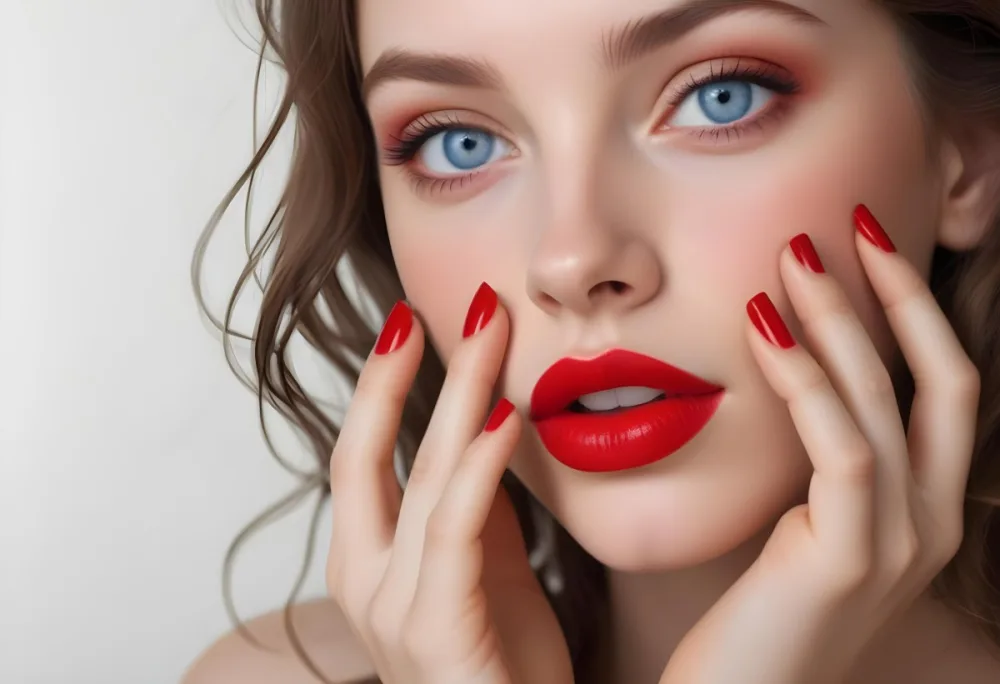 A Young Caucasian Woman Approximately 20 Years Old With Long Wavy Brown Hair She Has Striking Blue Eyes Full Red Lips And Is Wearing Bold Red Nail Polish The Background Is A Soft Neutral Color That Enhances He 9 Aef2
