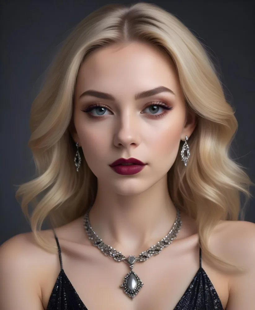 A Young Caucasian Woman Around 20 Years Old With Light Skin And Long Styled Blonde Hair She Is Wearing Glamorous Makeup Including Bold Eyeliner And Dark Lipstick The Subject Is Adorned With Elegant Jewelry Includi 12 99df