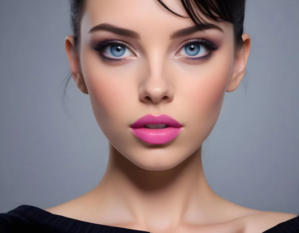 A Young Caucasian Woman With Black Hair Blue Eyes And Pink Lipstick Wearing A Blue Top 1 001a