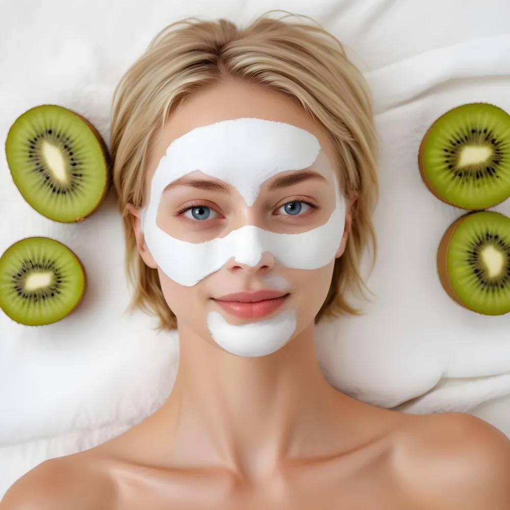 A Young Caucasian Woman With Blonde Hair Wearing A White Towel On Her Head With A Slice Of Kiwi Covering 10 0d9c