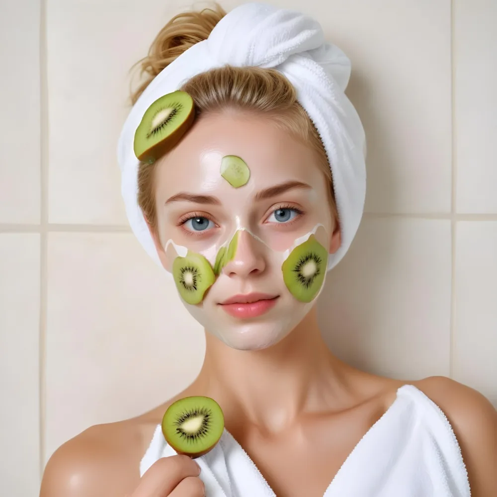 A Young Caucasian Woman With Blonde Hair Wearing A White Towel On Her Head With A Slice Of Kiwi Covering 14