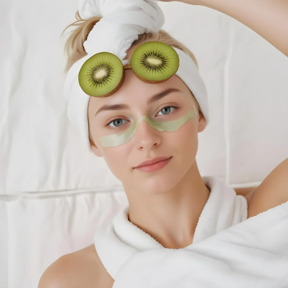 A Young Caucasian Woman With Blonde Hair Wearing A White Towel On Her Head With A Slice Of Kiwi Covering 20 D70f