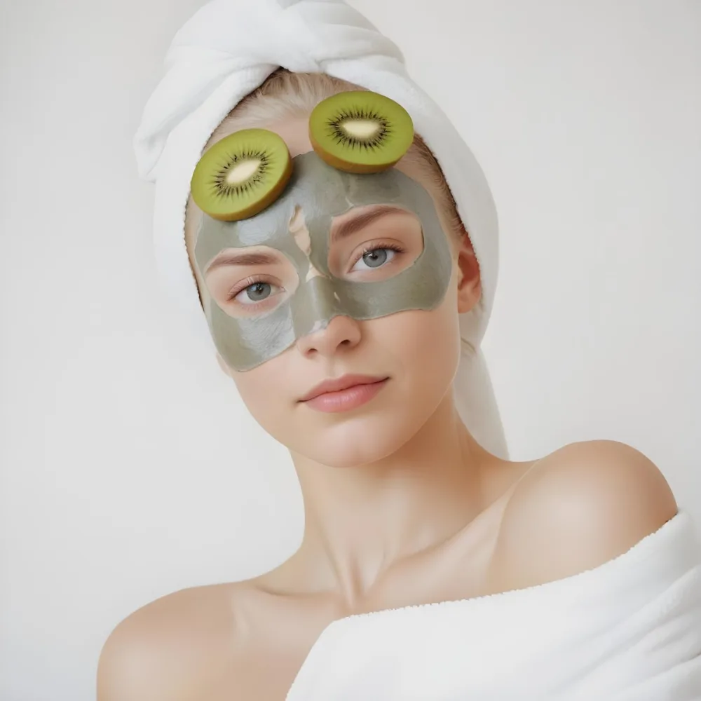 A Young Caucasian Woman With Blonde Hair Wearing A White Towel On Her Head With A Slice Of Kiwi Covering 23 Dff8
