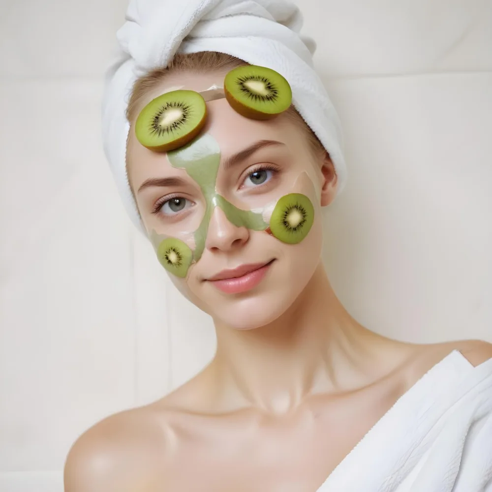 A Young Caucasian Woman With Blonde Hair Wearing A White Towel On Her Head With A Slice Of Kiwi Covering 27 07d2