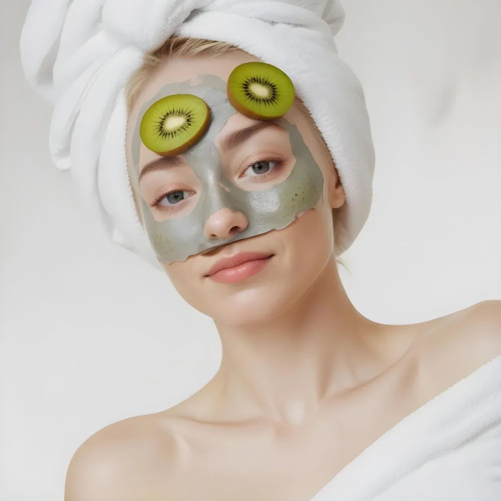 A Young Caucasian Woman With Blonde Hair Wearing A White Towel On Her Head With A Slice Of Kiwi Covering 29 F067