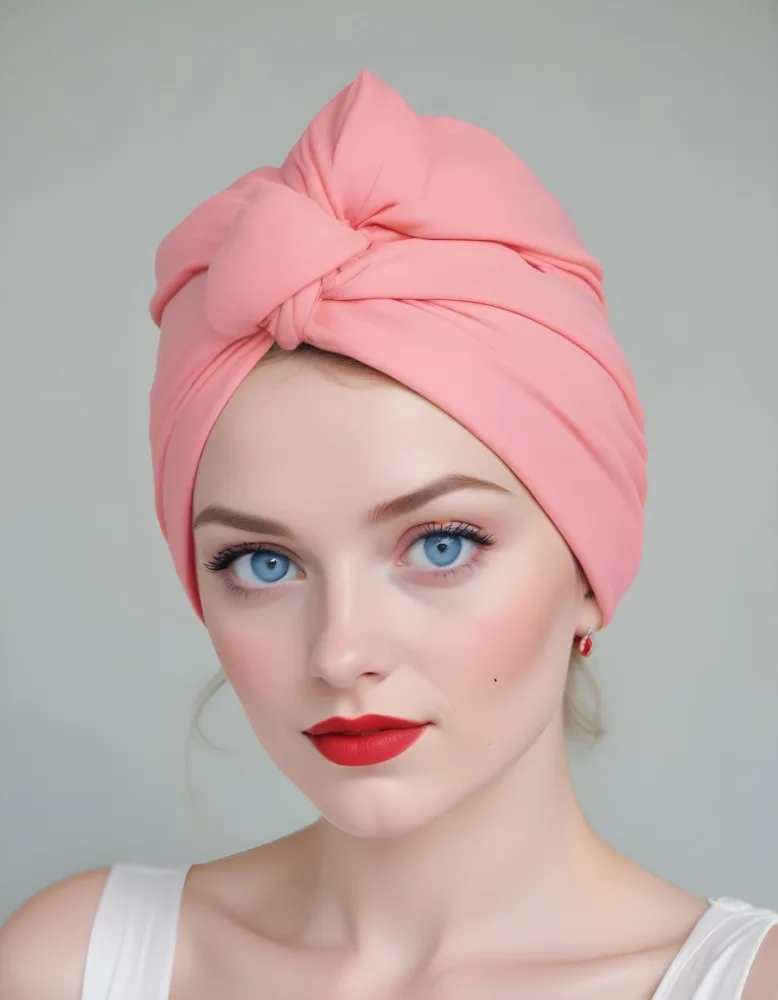 A Young Caucasian Woman With Blue Eyes Wearing A Pink Turban Style Headwrap And Bright Red Lipstick 11 16b1