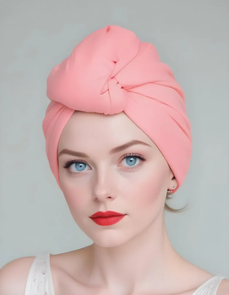 A Young Caucasian Woman With Blue Eyes Wearing A Pink Turban Style Headwrap And Bright Red Lipstick 12