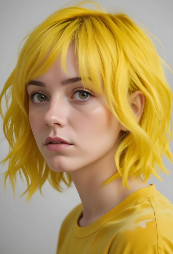 A Young Caucasian Woman With Bright Yellow Dyed Hair Styled In A Messy Wavy Bob Cut She Has A Serious Expression On Her Face And Is Wearing A Yellow Top Against A Plain Background 16 886c