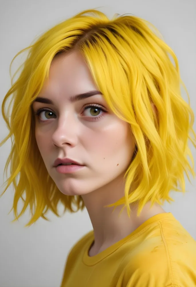 A Young Caucasian Woman With Bright Yellow Dyed Hair Styled In A Messy Wavy Bob Cut She Has A Serious Expression On Her Face And Is Wearing A Yellow Top Against A Plain Background 19 3291