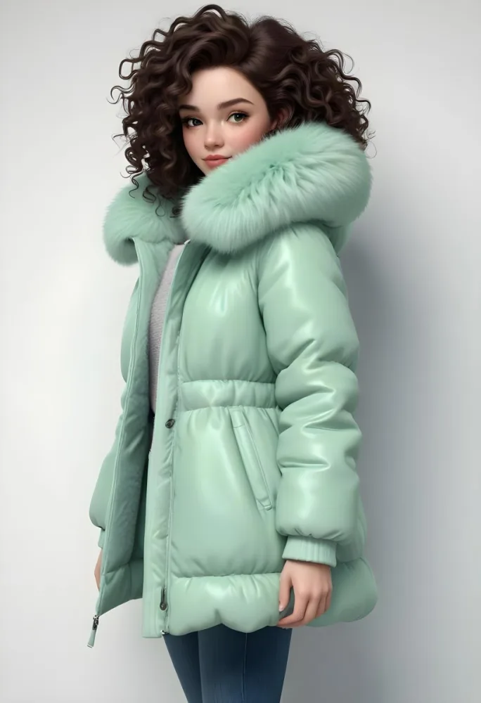 A Young Caucasian Woman With Curly Dark Hair Wearing A Mint Green Puffy Winter Coat With A Large Fur Collar 12 B50a