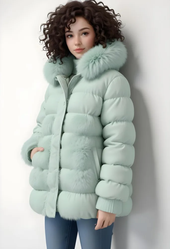 A Young Caucasian Woman With Curly Dark Hair Wearing A Mint Green Puffy Winter Coat With A Large Fur Collar 13 9777