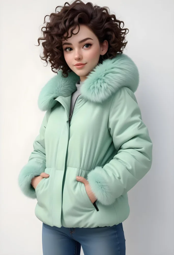 A Young Caucasian Woman With Curly Dark Hair Wearing A Mint Green Puffy Winter Coat With A Large Fur Collar 18 4987