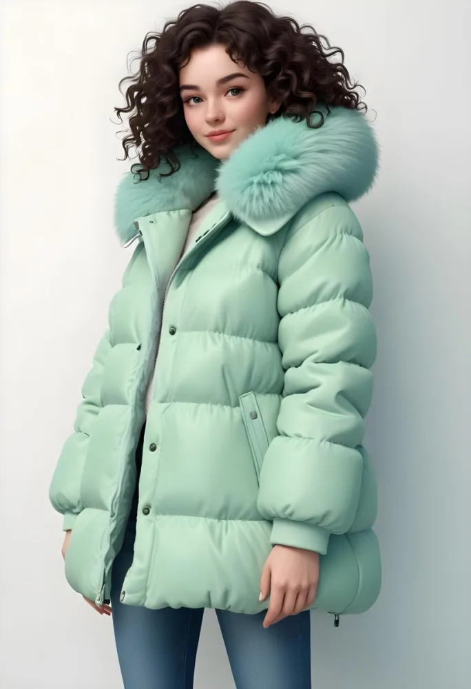 A Young Caucasian Woman With Curly Dark Hair Wearing A Mint Green Puffy Winter Coat With A Large Fur Collar 21 91a6