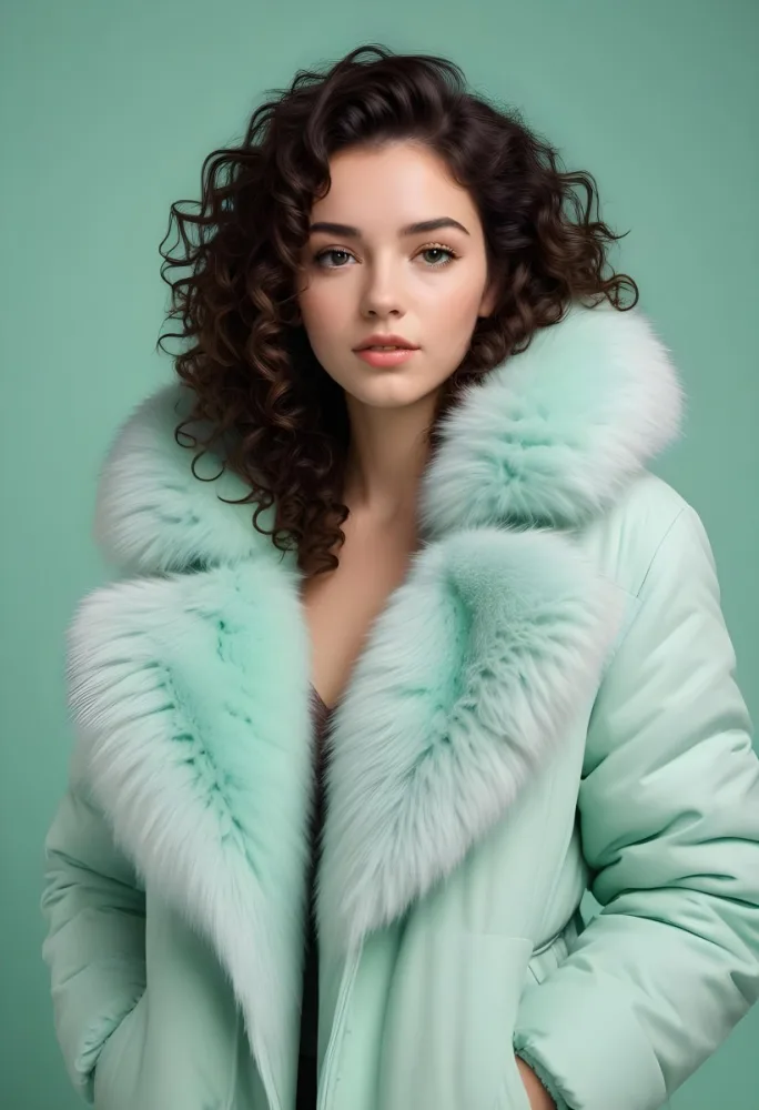 A Young Caucasian Woman With Curly Dark Hair Wearing A Mint Green Puffy Winter Coat With A Large Fur Collar 24 3ef7