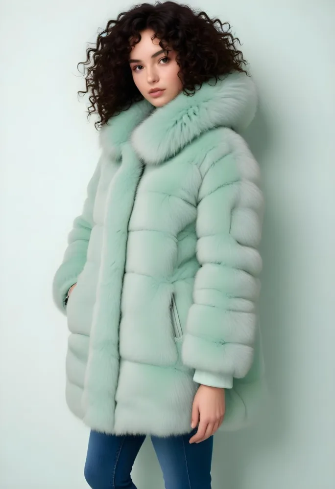 A Young Caucasian Woman With Curly Dark Hair Wearing A Mint Green Puffy Winter Coat With A Large Fur Collar 25 A471