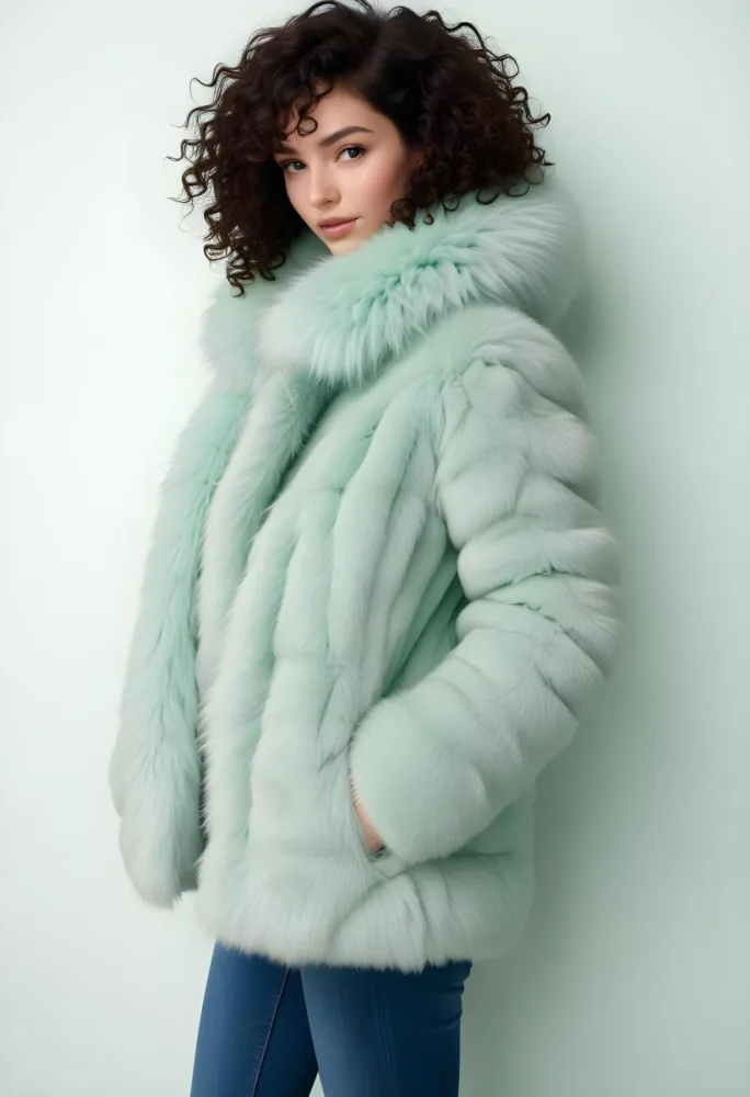A Young Caucasian Woman With Curly Dark Hair Wearing A Mint Green Puffy Winter Coat With A Large Fur Collar 27 B1c5