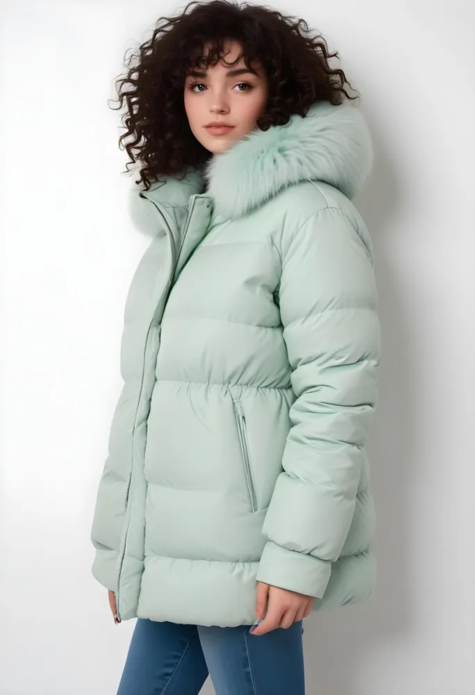 A Young Caucasian Woman With Curly Dark Hair Wearing A Mint Green Puffy Winter Coat With A Large Fur Collar 29 Fb9f