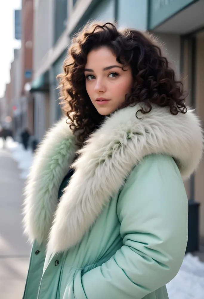 A Young Caucasian Woman With Curly Dark Hair Wearing A Mint Green Puffy Winter Coat With A Large Fur Collar 30 A257