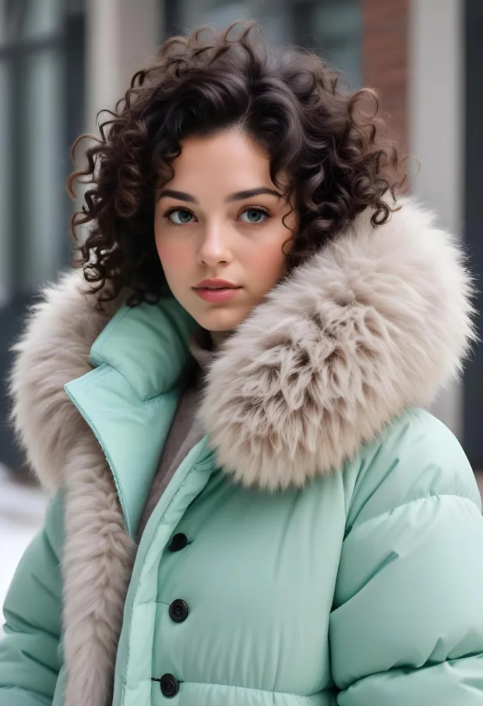 A Young Caucasian Woman With Curly Dark Hair Wearing A Mint Green Puffy Winter Coat With A Large Fur Collar 31 E144