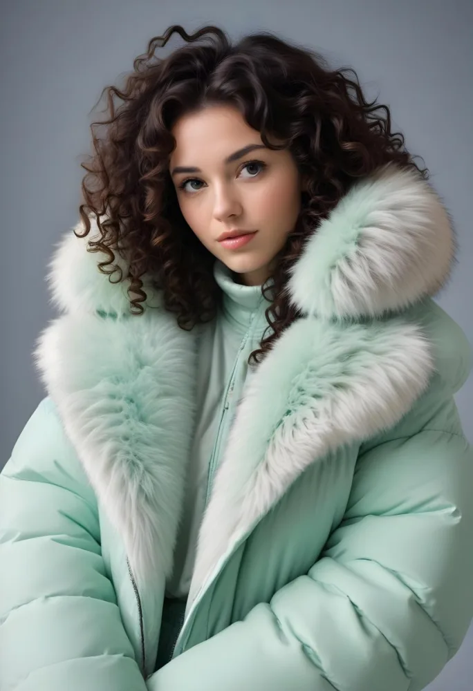 A Young Caucasian Woman With Curly Dark Hair Wearing A Mint Green Puffy Winter Coat With A Large Fur Collar 32 D558