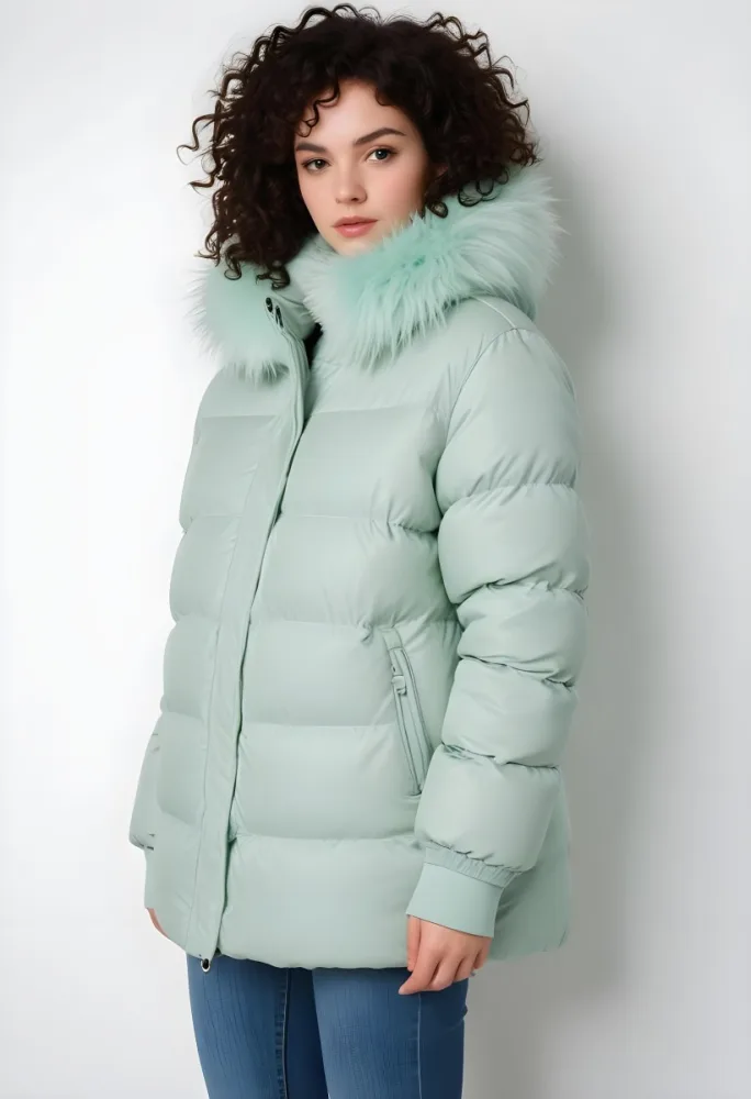 A Young Caucasian Woman With Curly Dark Hair Wearing A Mint Green Puffy Winter Coat With A Large Fur Collar 33 8422