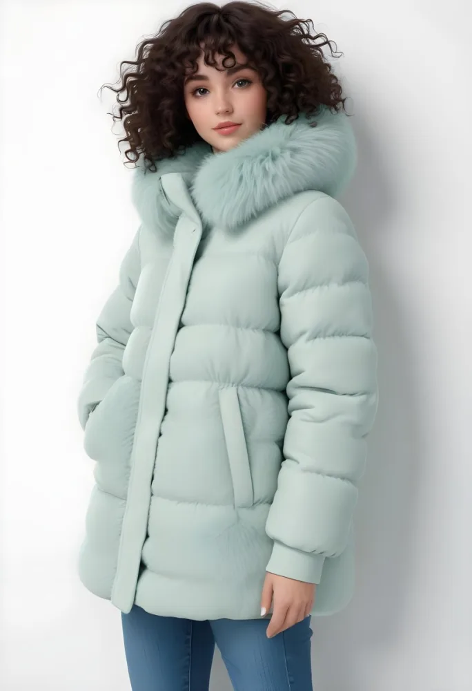 A Young Caucasian Woman With Curly Dark Hair Wearing A Mint Green Puffy Winter Coat With A Large Fur Collar 5 B23b