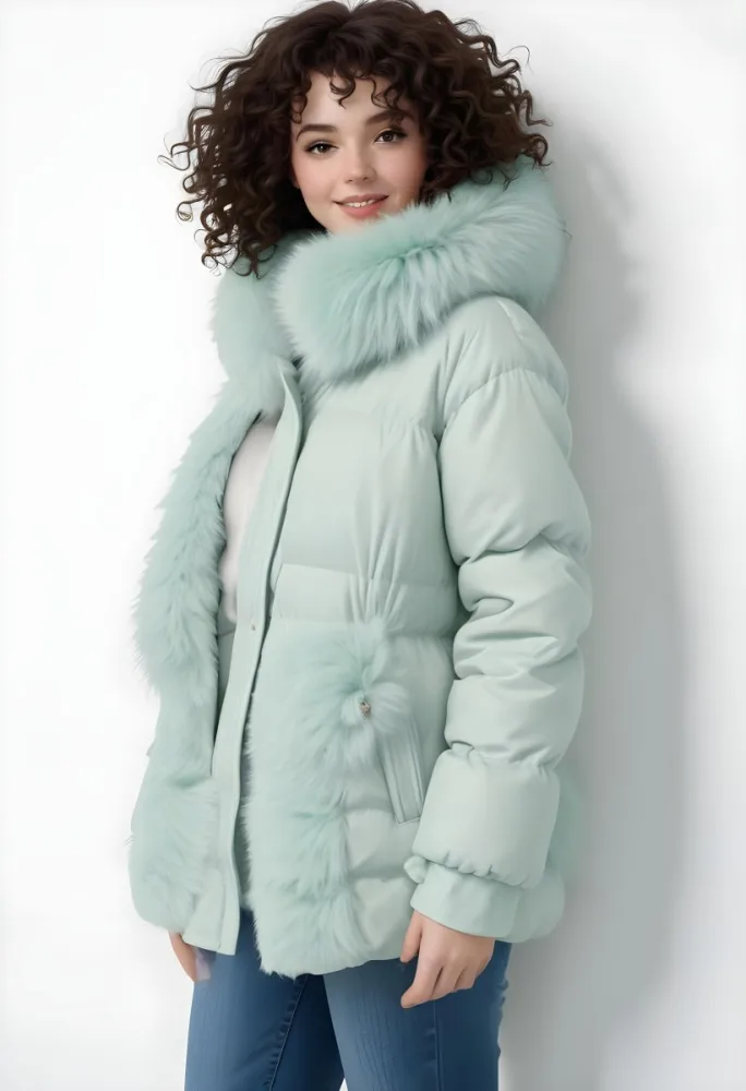 A Young Caucasian Woman With Curly Dark Hair Wearing A Mint Green Puffy Winter Coat With A Large Fur Collar 6 E6f8
