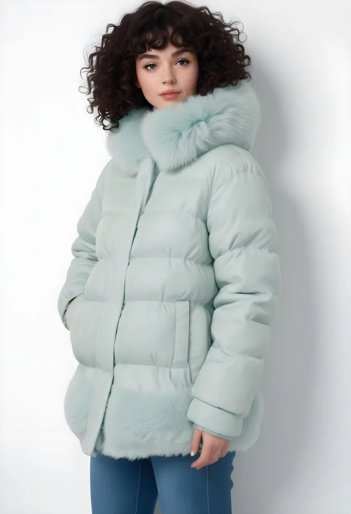 A Young Caucasian Woman With Curly Dark Hair Wearing A Mint Green Puffy Winter Coat With A Large Fur Collar 8 8bd8