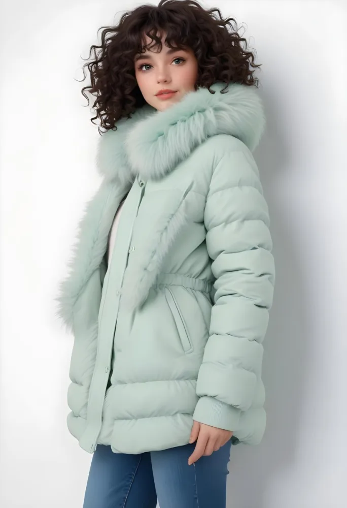 A Young Caucasian Woman With Curly Dark Hair Wearing A Mint Green Puffy Winter Coat With A Large Fur Collar 9 7151